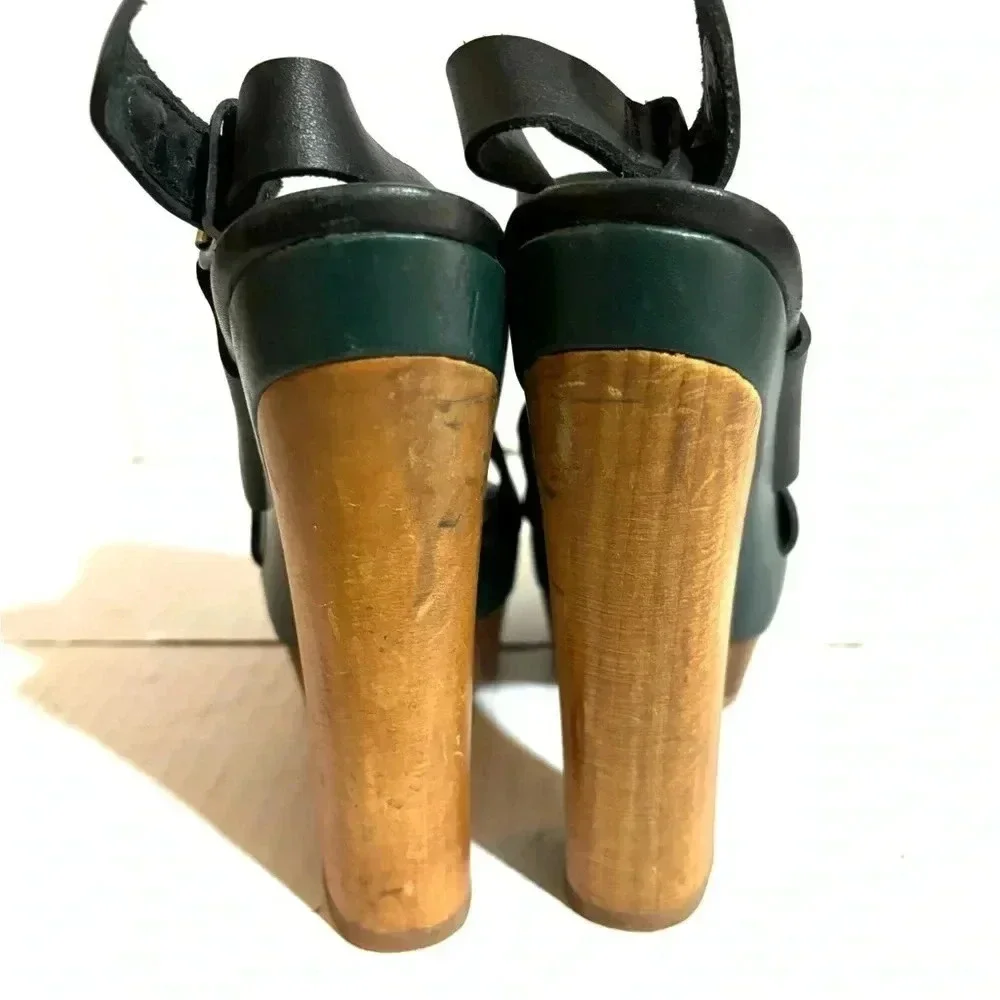 Marni + H&M black green wood leather chunky heel’s platform sandals